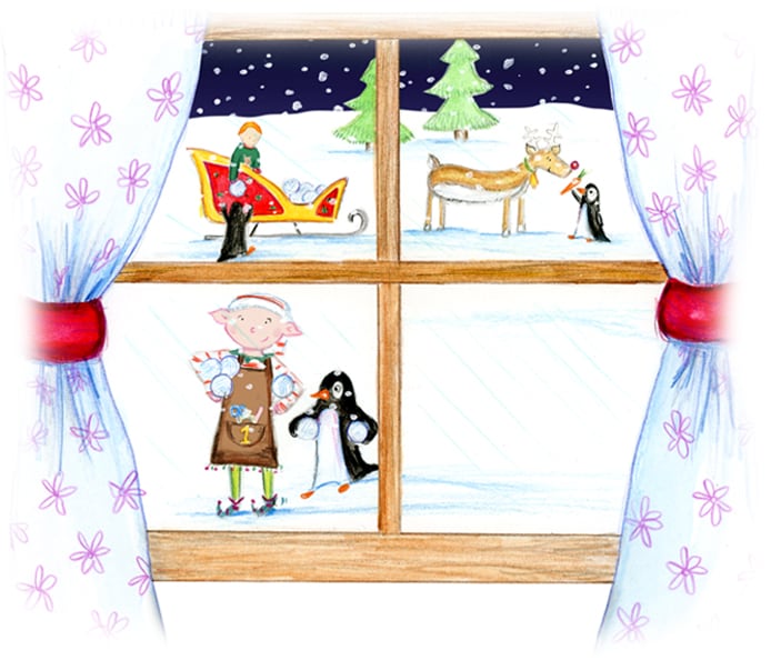 Illustration depicting a window and outside is a cute elf and Santa Claus' sleigh from the Christmas story Santa Socks